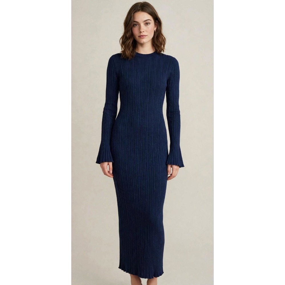 Pretty Garden Dress, Women's Size M, Blue, Long Sleeve Rib Sweater Dress MaXI